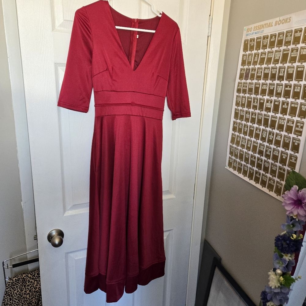 Red Ruched V-Neck Fit and Flare Dress for Wedding Guest